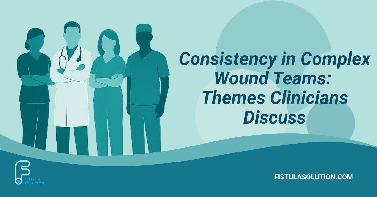 Faceless clinical team illustration representing themes clinicians discuss in complex wound and fistula care.